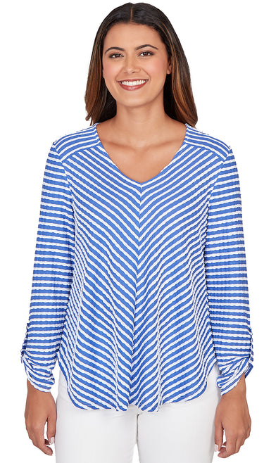 TOP *PETITE* SEA BLUE WHITE VNK SCALLOPED STRIPE