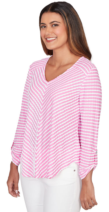 TOP *PLUS* HYDRANGEA WHITE VNK SCALLOPED STRIPE