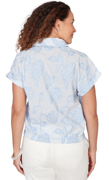 TOP *MISSY* WHITE POWDER BLUE YARN DYE STRIP FLORAL