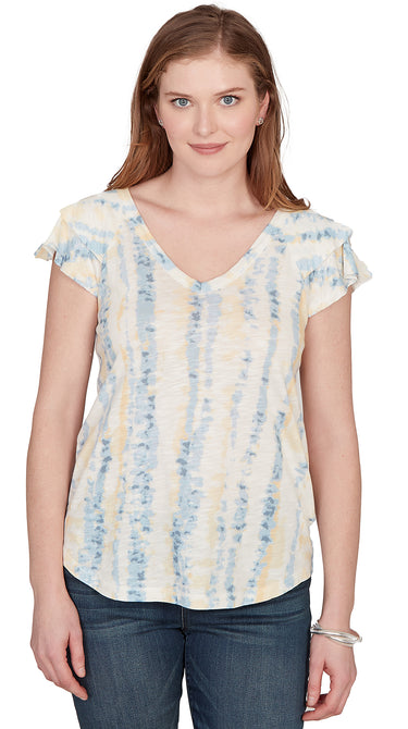 TOP *MISSY* SOFT WHITE MULTI TIERD SHORT SLEEVE VNECK TIE DYE