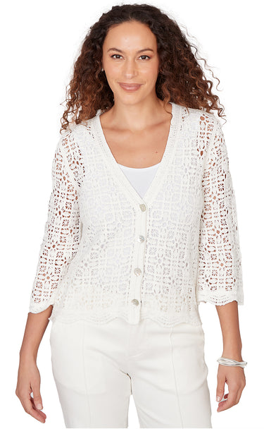 SWEATER *MISSY* SOFT WHITE 3/4 SLEEVE VNECK LACE WITH BUTTONS