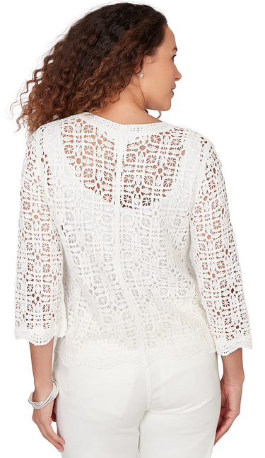SWEATER *MISSY* SOFT WHITE 3/4 SLEEVE VNECK LACE WITH BUTTONS