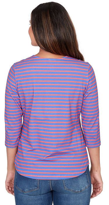 TOP *MISSY* SEA BLUE CORAL NK STRIPE KNIT 3/4 SLV