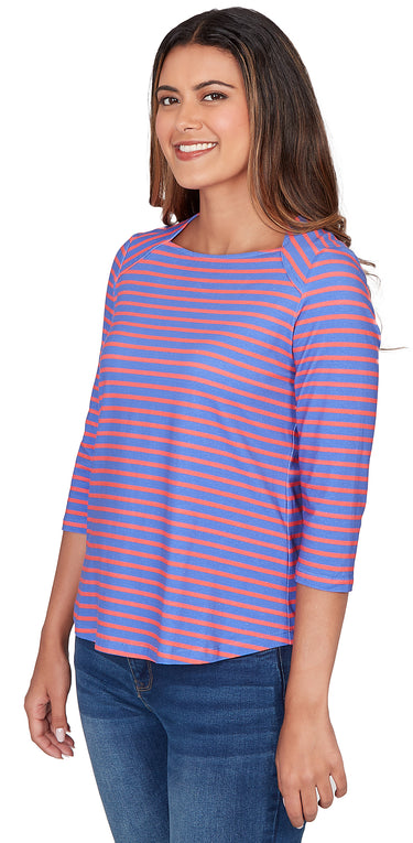 TOP *MISSY* SEA BLUE CORAL NK STRIPE KNIT 3/4 SLV