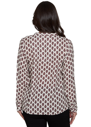 TOP *PETITE* CREAM MULTI LONG SLEEVE VNECK W/SELF TIE