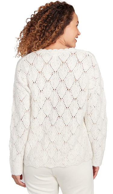 SWEATER *MISSY* EGRET GOLD VNECK METALLIC POINTELLE
