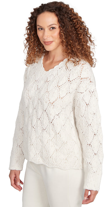 SWEATER *MISSY* EGRET GOLD VNECK METALLIC POINTELLE