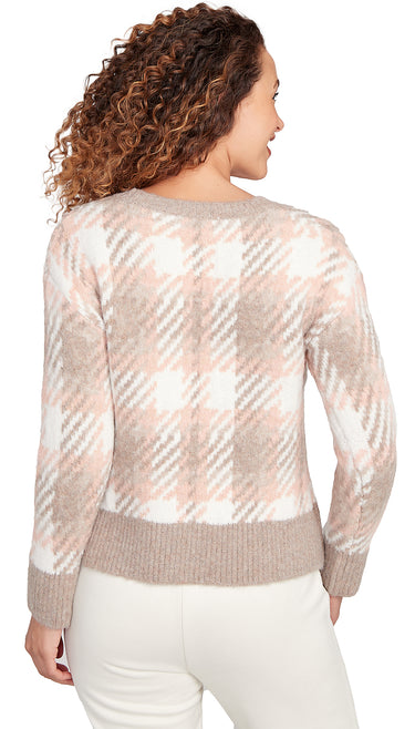 SWEATER *MISSY* PEACHSKIN COMBO CREW NECK METALLIC PLAID