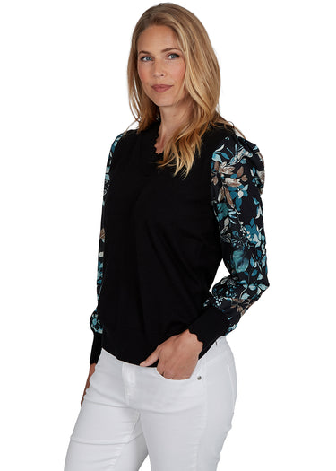 SWEATER *MISSY* BLACK COMBO SCALLOPED V-NECK TWOFER