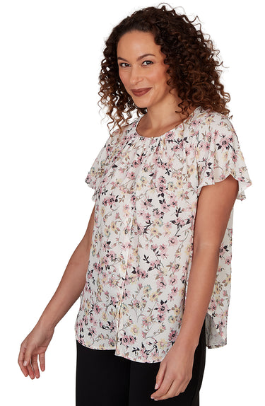 TOP *PETITE* SOFT WHITE FLUTTER SLV FLORAL