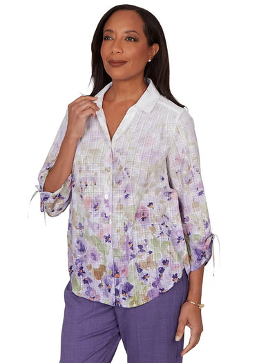 TOP *MISSY* AMETHYST MULTI FLORAL BORDER PRINT