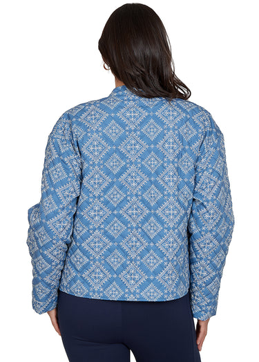 JACKET *MISSY* BLUE CREAM COLLARLESS QUILTED