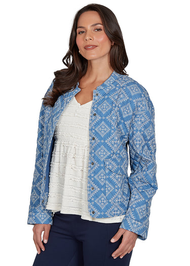 JACKET *MISSY* BLUE CREAM COLLARLESS QUILTED