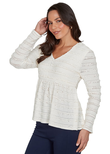 TOP *MISSY* CREAM VNECK RUFFLE LACE W/BUTTON DETAIL