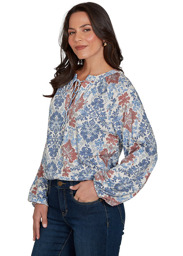 TOP *MISSY* CREAM MULTI LONG SLEEVE CRINKLE KNIT W/TIE