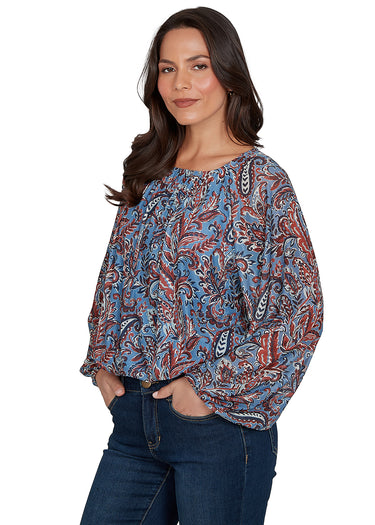 TOP *MISSY* CORONET BLUE SCOOP NECK PAISLEY MESH