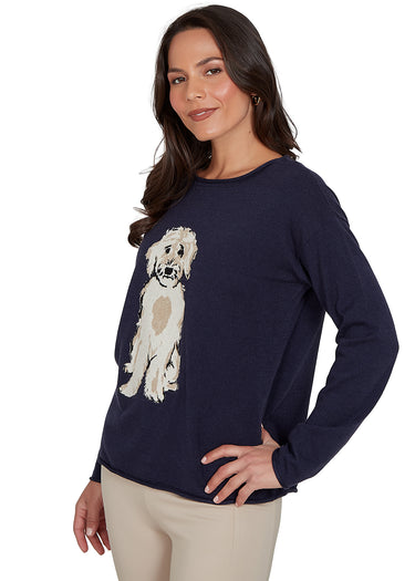 SWEATER *MISSY* OCEAN NAVY MULTI LONG SLEEVE CREW NECK DOG MOTIF