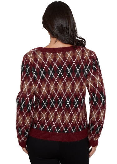 SWEATER *MISSY* CORDOVAN RED CREW NECK ARGYLE CARDIGAN