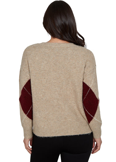 SWEATER *MISSY* CORDOVAN RED LONG SLEEVE CREW NECK ARGYLE