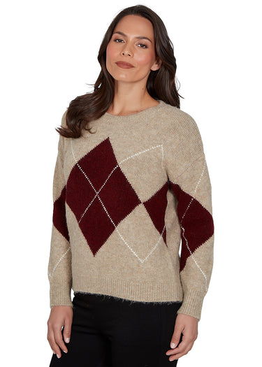 SWEATER *MISSY* CORDOVAN RED LONG SLEEVE CREW NECK ARGYLE
