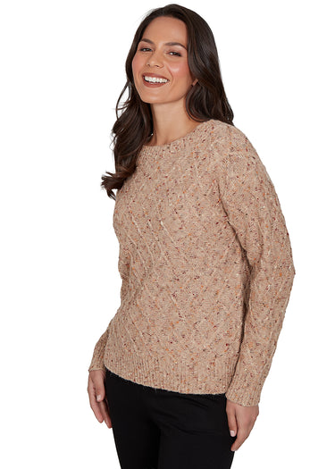 SWEATER *MISSY* TAUPE LONG SLEEVE CREW NECK SPECKLED