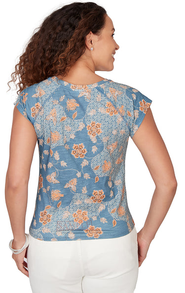TOP *MISSY* REAL TEAL MULTI LORAL TIE FRONT