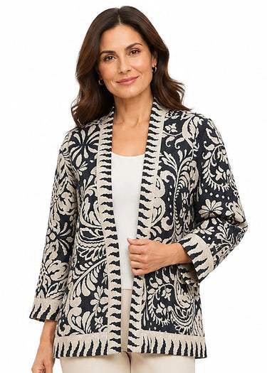 JACKET *MISSY* BLACK MULTI REVERSIBLE KIMONO TEXTURED 3/4 SLEEVE