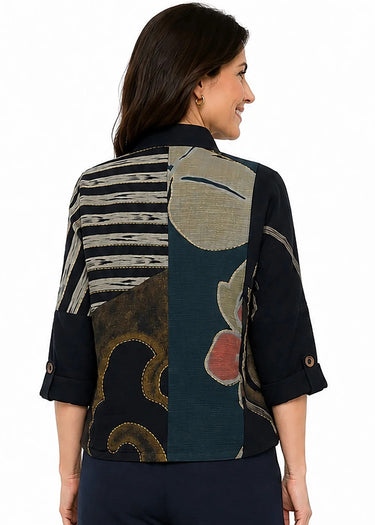 JACKET *MISSY* BLACK WOVEN W/TULIP HEM POCKETS 3/4 SLEEVE