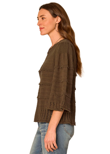 SWEATER *MISSY* FOREST MOSS 3/4 BELL SLEEVE SCALLOP EDGE