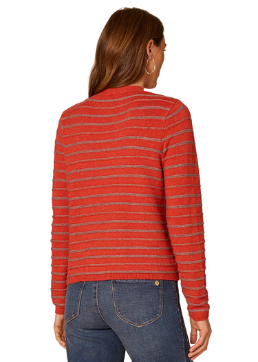 SWEATER *MISSY* PUMPKIN HEATHER GREY LONG SLEEVE ROUND NECK SELF TIE STRIPE