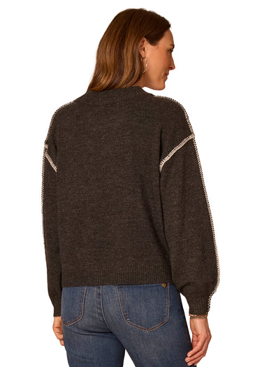 SWEATER *MISSY* HEATHER CHARCOAL IVORY V-NECK EMBROIDERY DETAIL