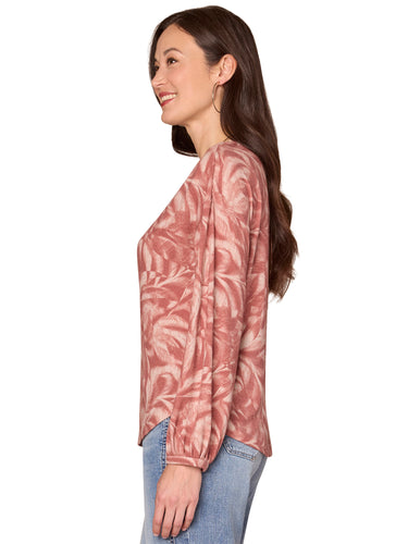 TOP *MISSY* MAHOGANY RED L/S EMBRD SCOOP NK