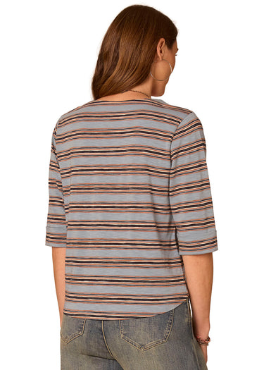 TOP *MISSY* NILE BLUE MULTI ELBOW CUFF SLEEVE SPLIT NECK
