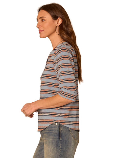 TOP *MISSY* NILE BLUE MULTI ELBOW CUFF SLEEVE SPLIT NECK
