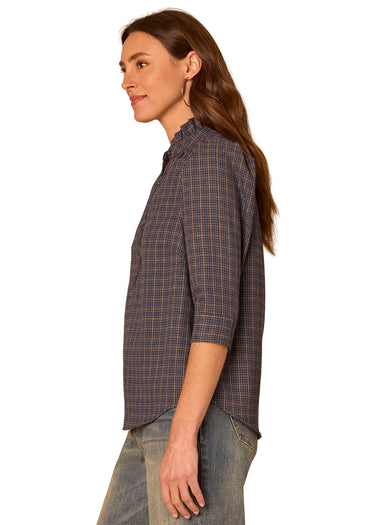 TOP *MISSY* MIDNIGHT SAPPHIRE RUFFLE NECK PLAID W/EMBROIDERY