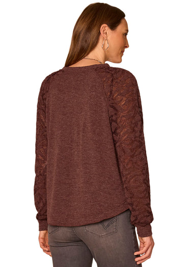 TOP *MISSY* HEATHER OXBLOOD LONG SLEEVE MANDARIN COLLAR MIXED MEDIA