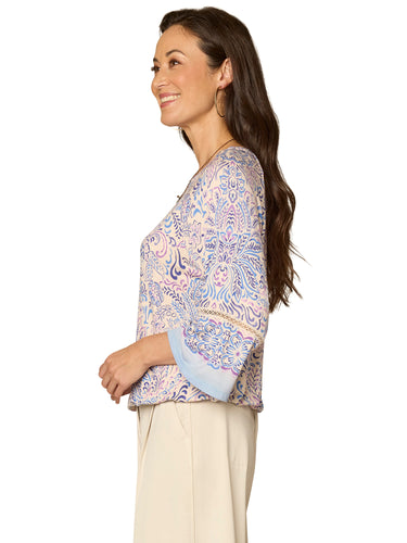TOP *MISSY* BLUE MULTI 3/4 KIMONO SLV BOAT NK