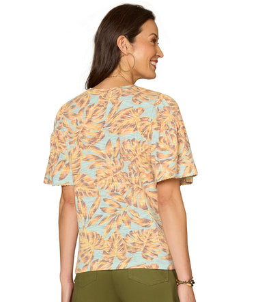 TOP *MISSY* AQUA HAZE MULTI ELB PUFF BELL SLV PRNT
