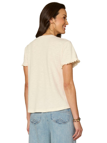 TOP *MISSY* BLANCHED ALMOND SS CREW NK EMBROIDERED