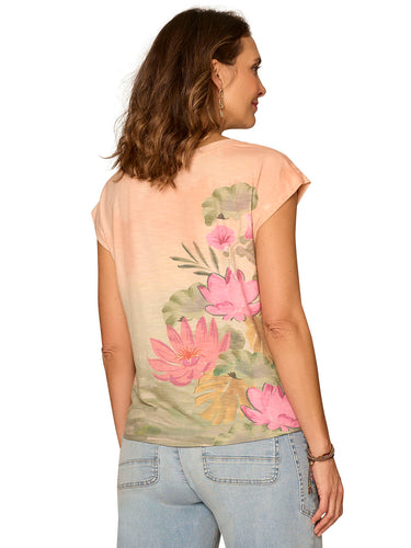 TOP *MISSY* PEACH LILY PAD KNOT HEM PLACMENT PRINT