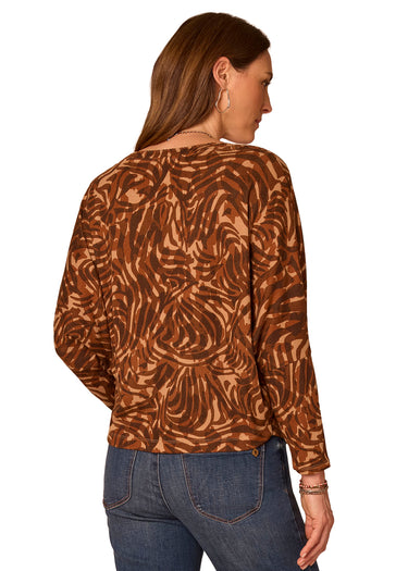 TOP *MISSY* BROWN MULTI LONG SLEEVE BATWING BOAT NECK PRINTED