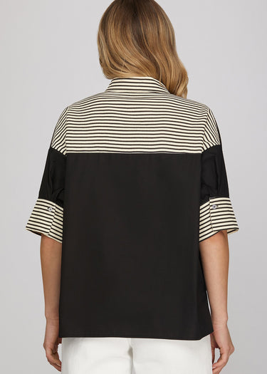 TOP *MISSY* BLACK STRIPE SOLID COMBO ELBOW SLEEVE