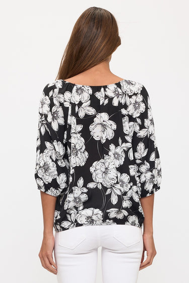 TOP *MISSY* BLACK IVORY FLORAL TIE NECK PEASANT