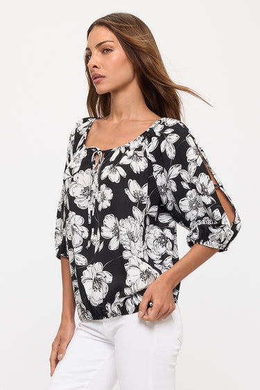 TOP *MISSY* BLACK IVORY FLORAL TIE NECK PEASANT