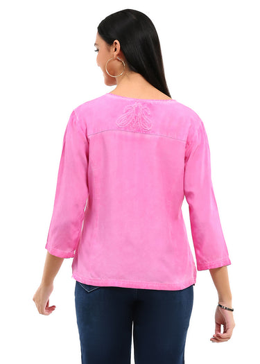 TOP *MISSY* BLUSH SADIE ACID WASH VNECK EMBOSSED 3/4 SLEEVE