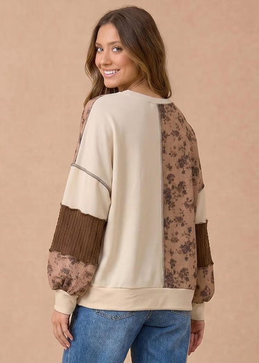 TOP *MISSY* BROWN FLORAL & CABLE PATCHWORK LONG SLEEVE