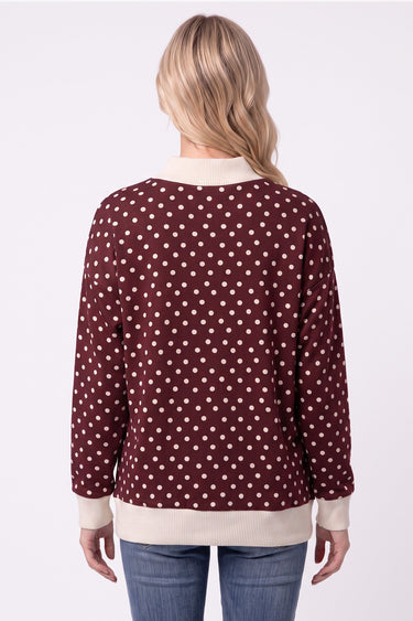 TOP *MISSY* BURGANDY POLKA DOT RIBBED CONTRAST