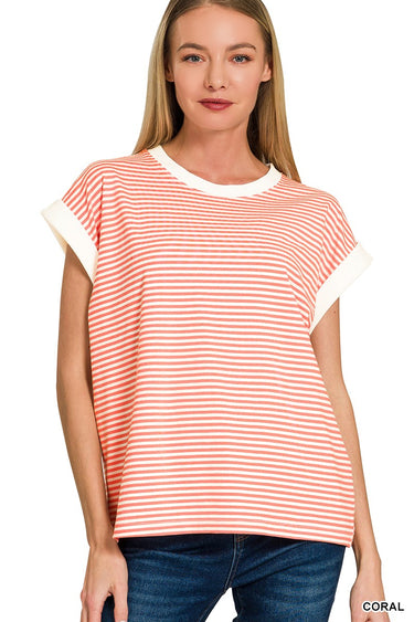 TOP *MISSY* STRIPE CONTRAST TRIM S/S 6 COLORS