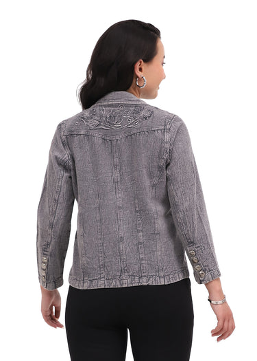 JACKET *MISSY* GREY ANGIE EMBROIDERED W/POCKETS 3/4 SLEEVE