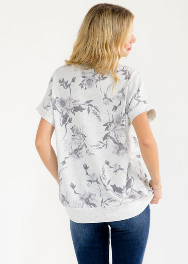 TOP *HEATHER GREY FLORAL PRINT KNIT SHORT SLEEVE